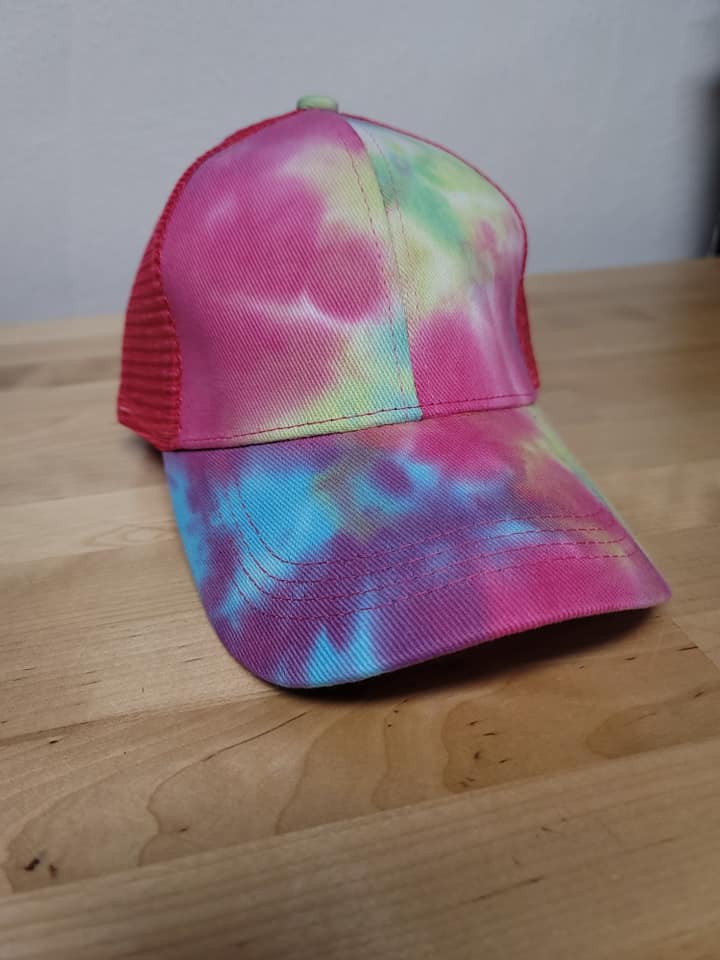 LIME/PINK/BLUE TYE DYE PONY TAIL HAT