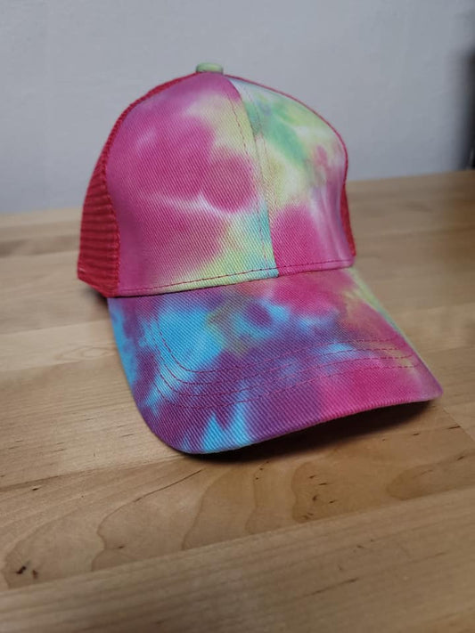 LIME/PINK/BLUE TYE DYE PONY TAIL HAT