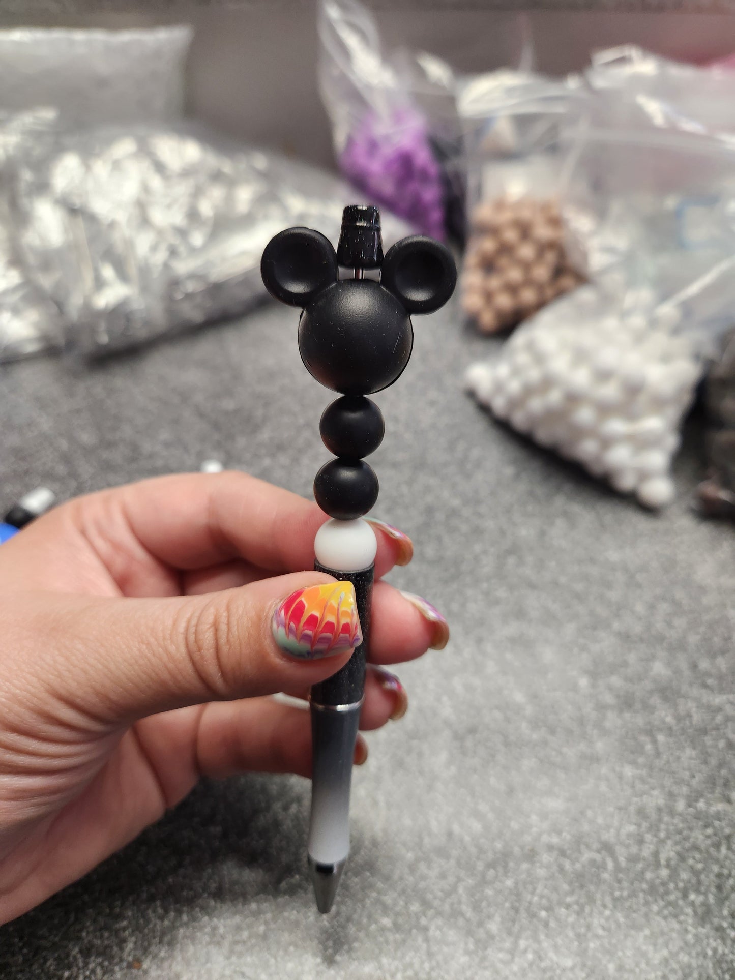 Black Mouse Head Silicone Beaded Pen or Keychain