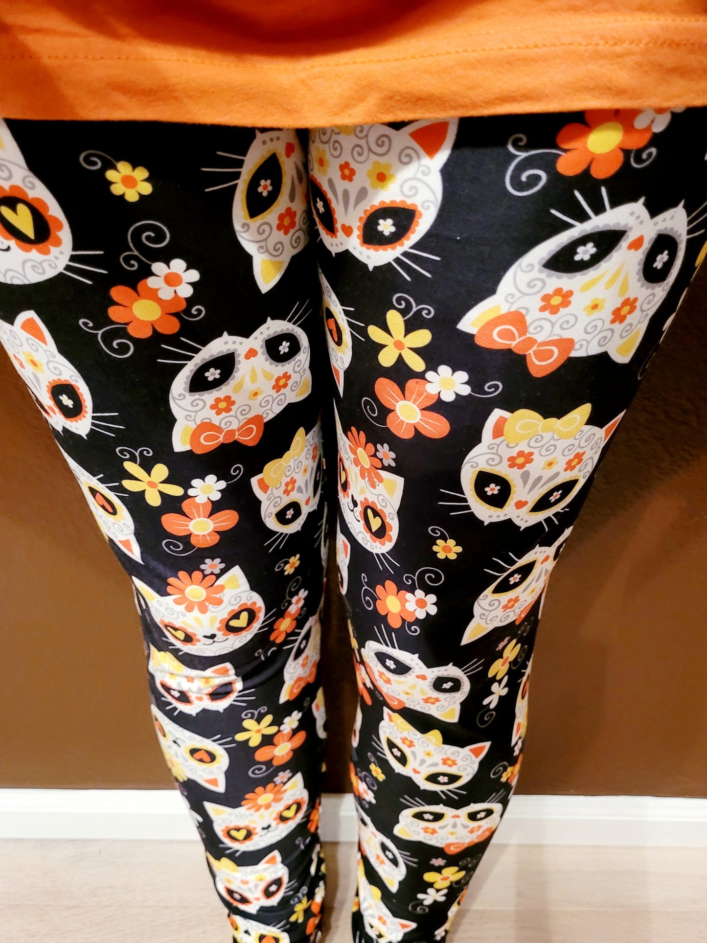 Candy Corn Sugar Skull Kitties (Exclusive Color) - High-quality Handcrafted Vibrant Leggings