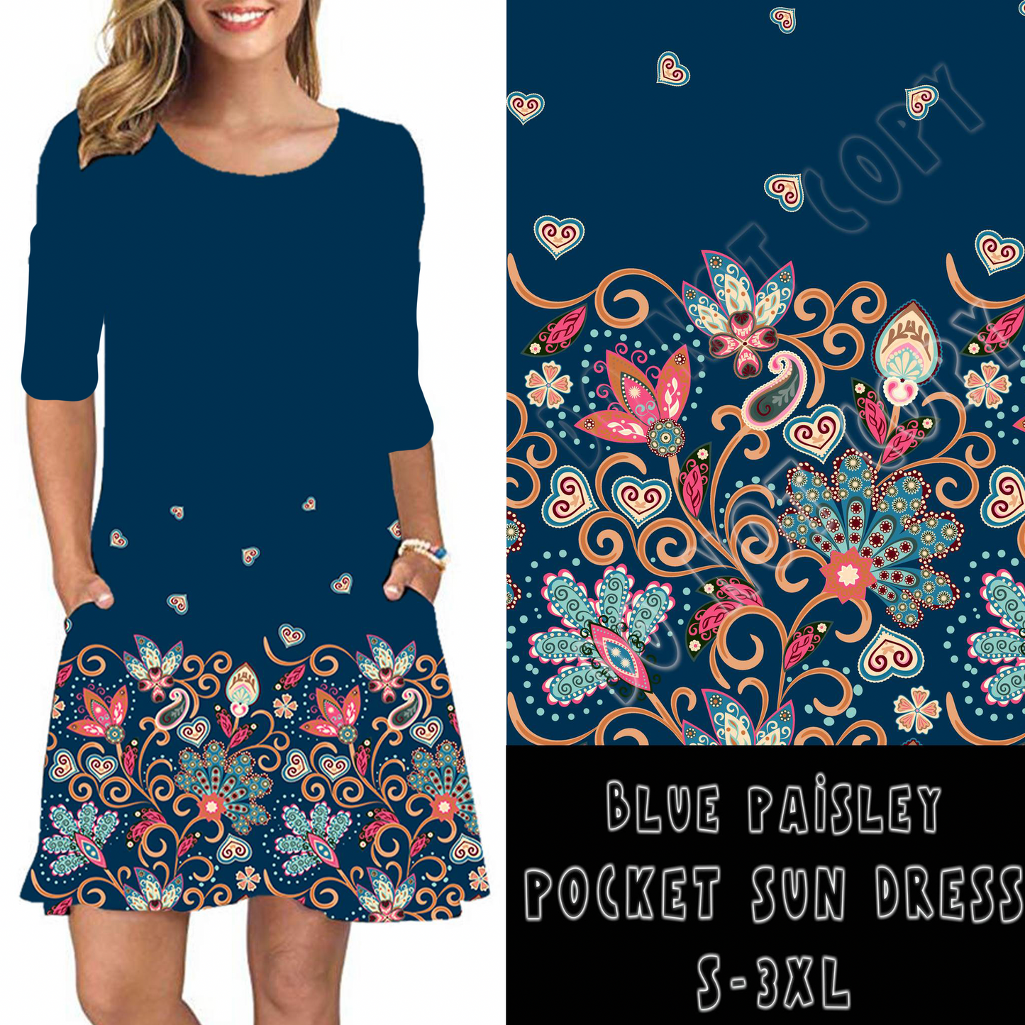 3/4 SLEEVE POCKET DRESS- BLUE PAISLEY