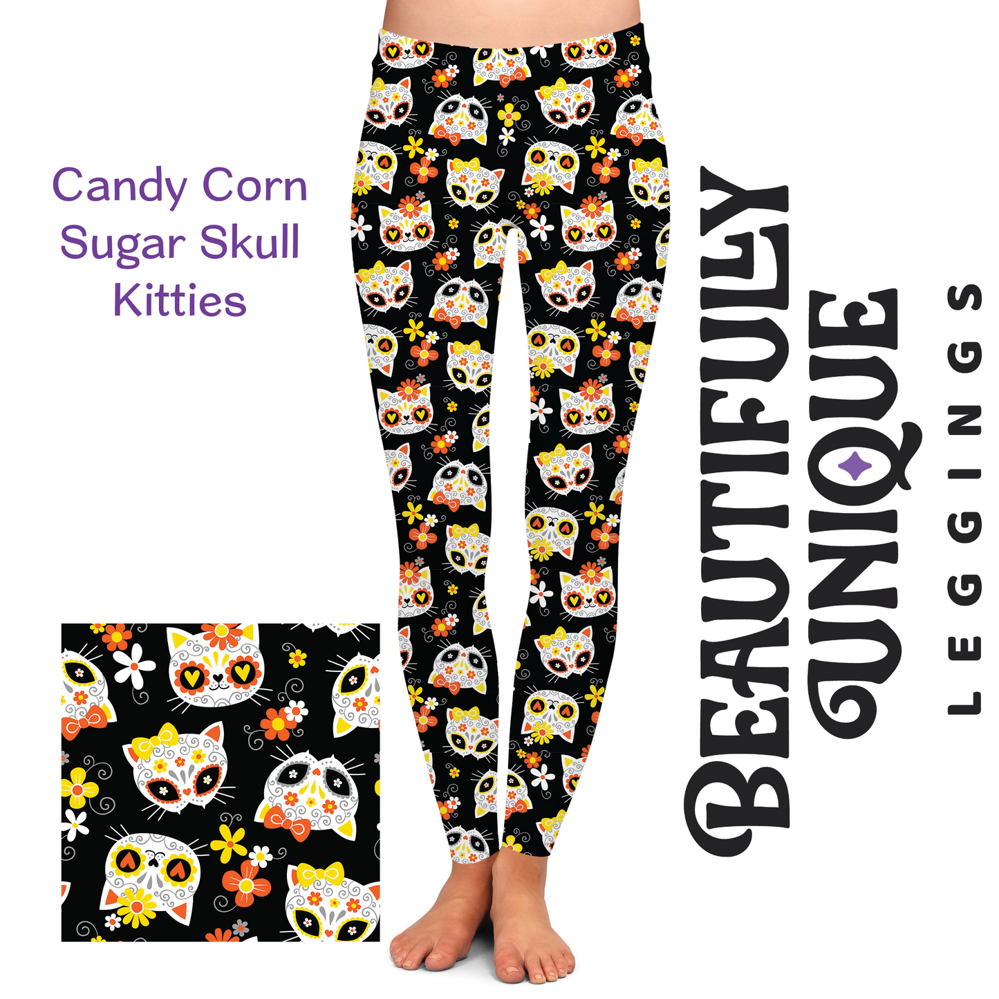 Candy Corn Sugar Skull Kitties (Exclusive Color) - High-quality Handcrafted Vibrant Leggings