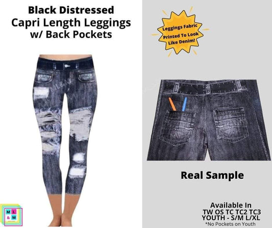 Black Distressed Faux Denim Capris