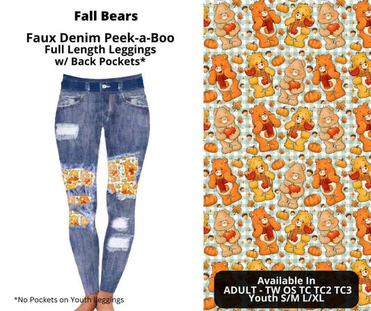 Fall Bears Faux Denim Full Length Peekaboo Leggings