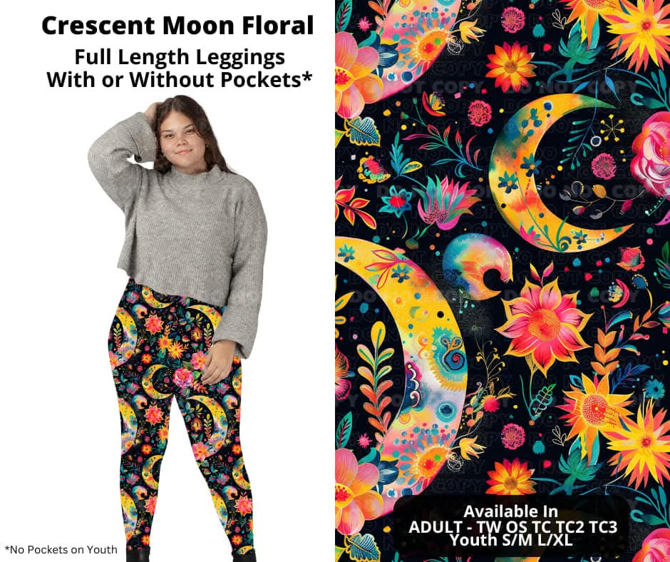 Crescent Moon Floral Full Length Leggings w/ Pockets