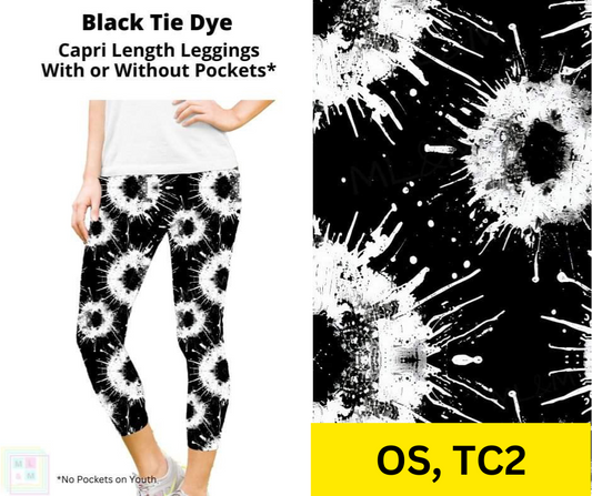 Black Tie Dye Capri Length Leggings w/ Pockets