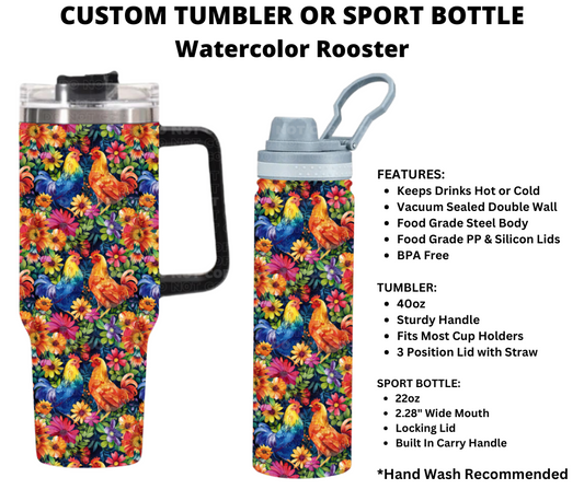 Watercolor Rooster Custom Tumbler or Sport Bottle