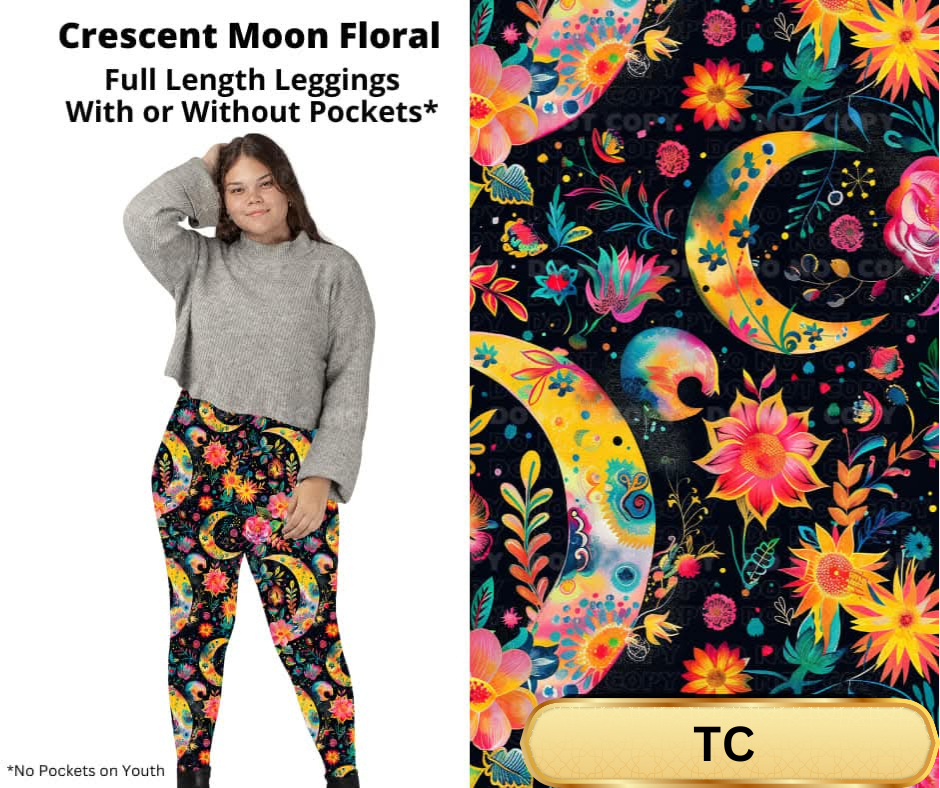 Crescent Moon Floral Full Length Leggings w/ Pockets