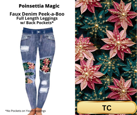 Poinsettia Magic Faux Denim Full Length Peekaboo Leggings