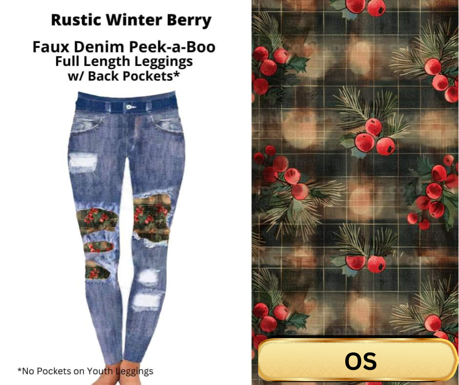 Rustic Winter Berry Faux Denim Full Length Peekaboo Leggings